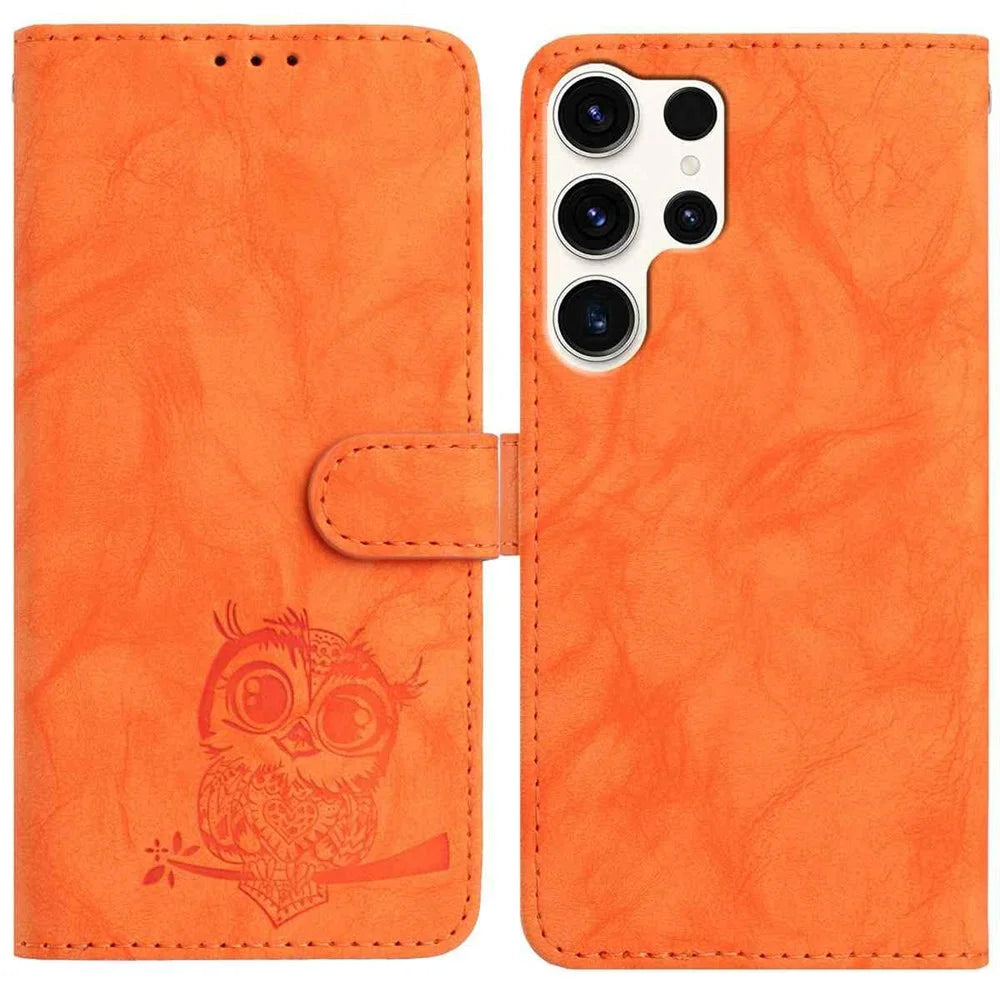 For Samsung Galaxy S25 Ultra Case Owl Imprinted PU Leather Wallet Phone Cover with Wrist Strap - Orange - 1