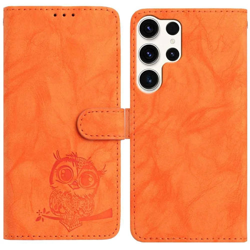 For Samsung Galaxy S25 Ultra Case Owl Imprinted PU Leather Wallet Phone Cover with Wrist Strap - Orange - 1
