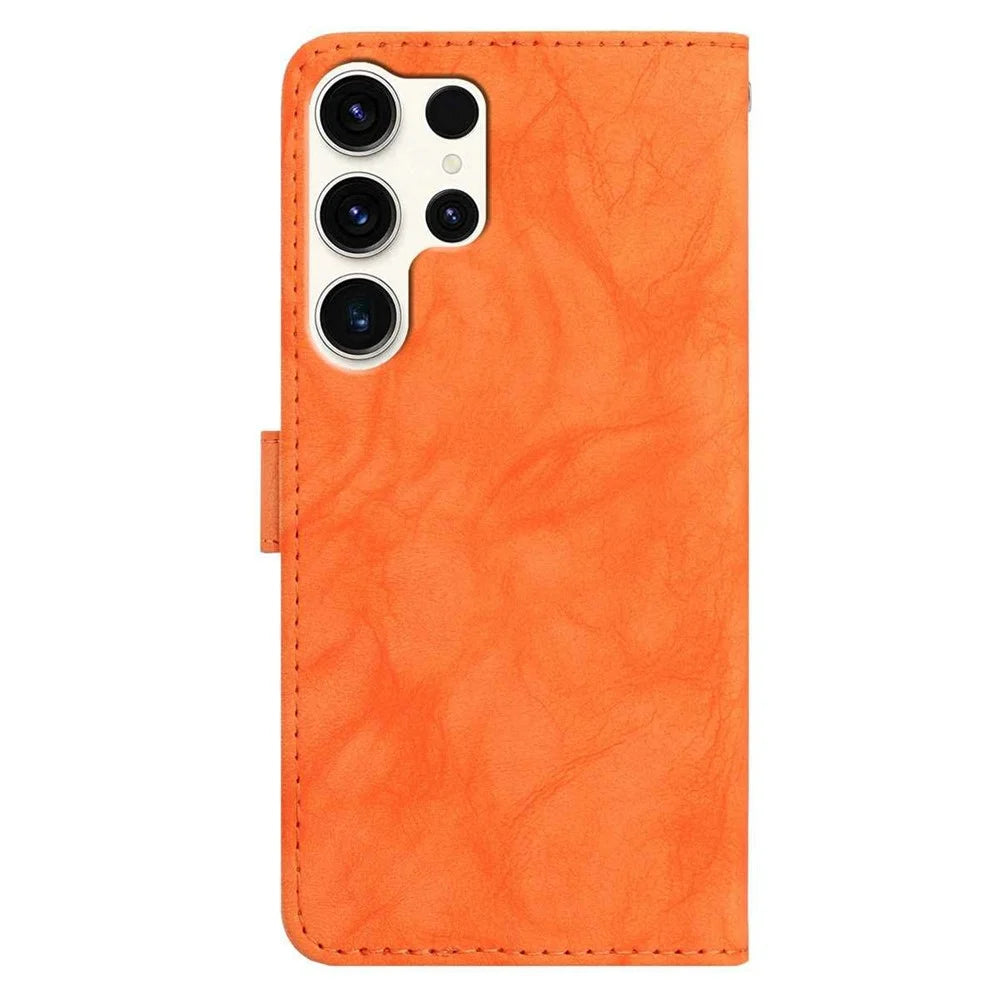 For Samsung Galaxy S25 Ultra Case Owl Imprinted PU Leather Wallet Phone Cover with Wrist Strap - Orange - 6