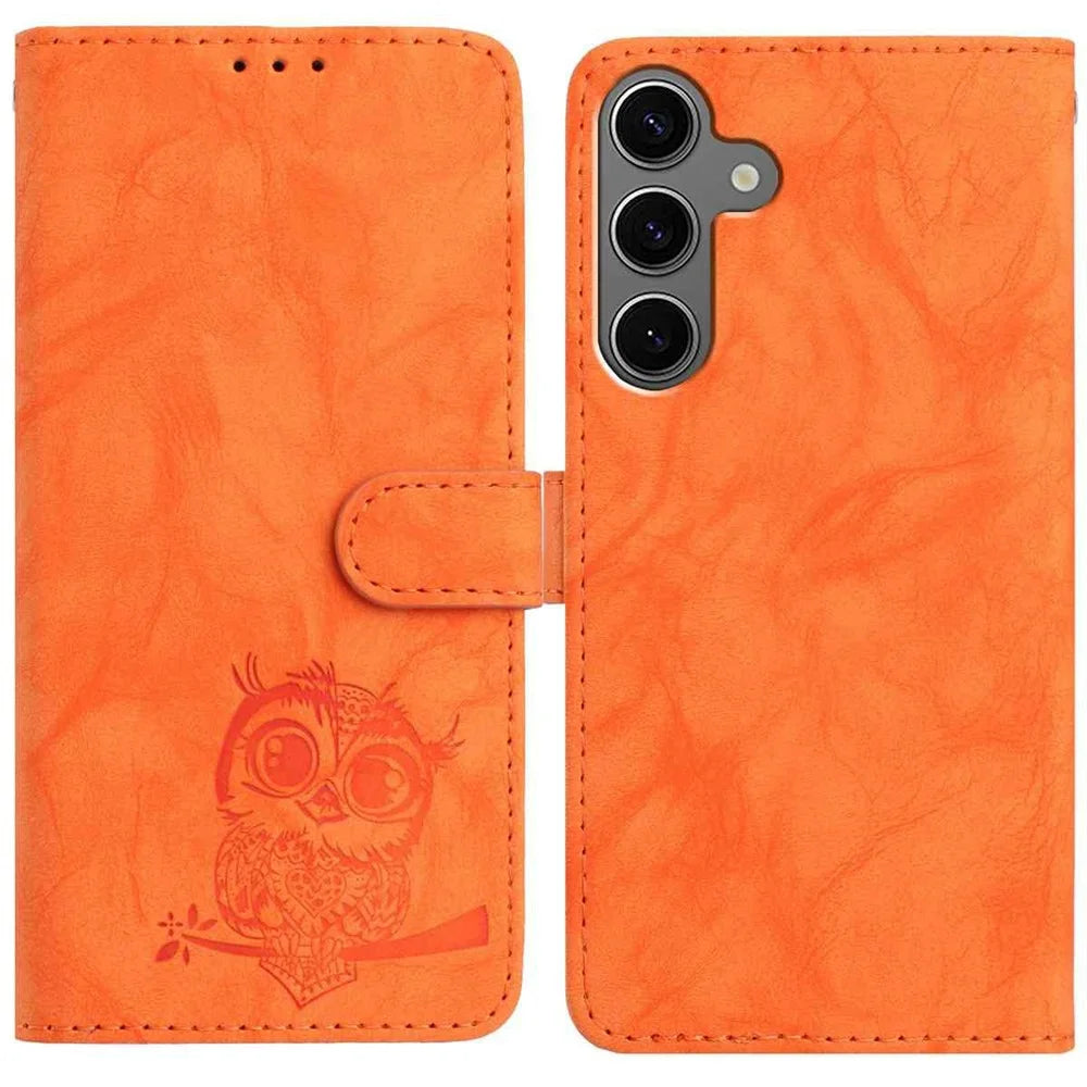 For Samsung Galaxy S25 / S24 Case Owl Imprinted PU Leather Wallet Phone Cover with Wrist Strap - Orange - 1