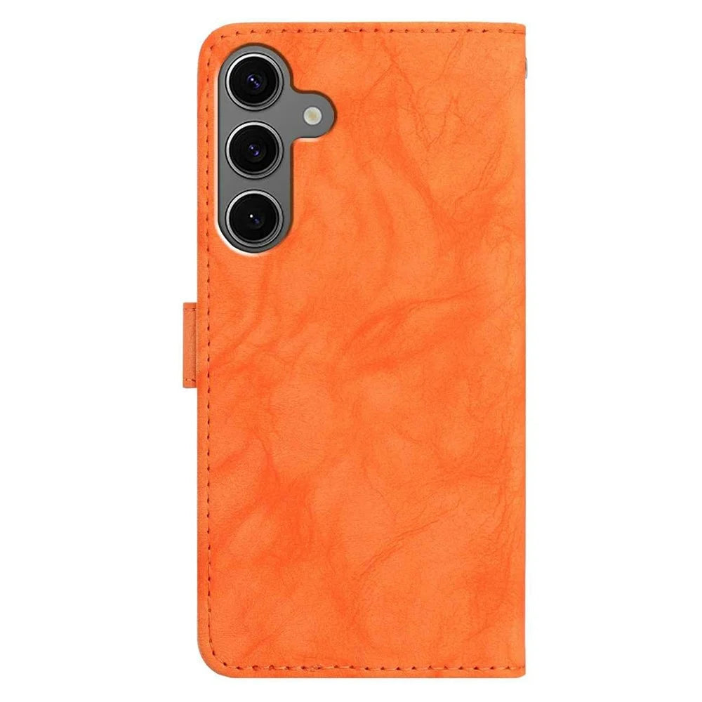 For Samsung Galaxy S25 / S24 Case Owl Imprinted PU Leather Wallet Phone Cover with Wrist Strap - Orange - 6