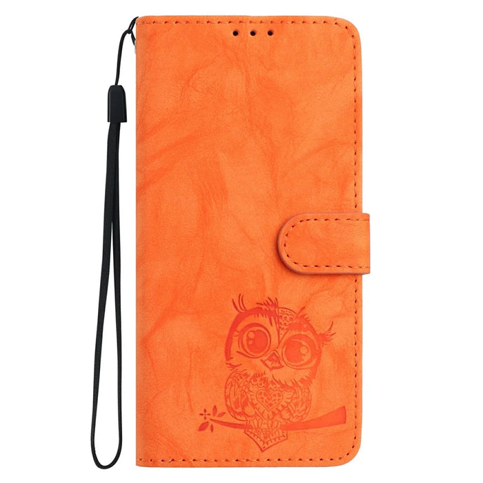 For iPhone 15 Case Owl Imprinted PU Leather Wallet Phone Cover with Wrist Strap - Orange - 5