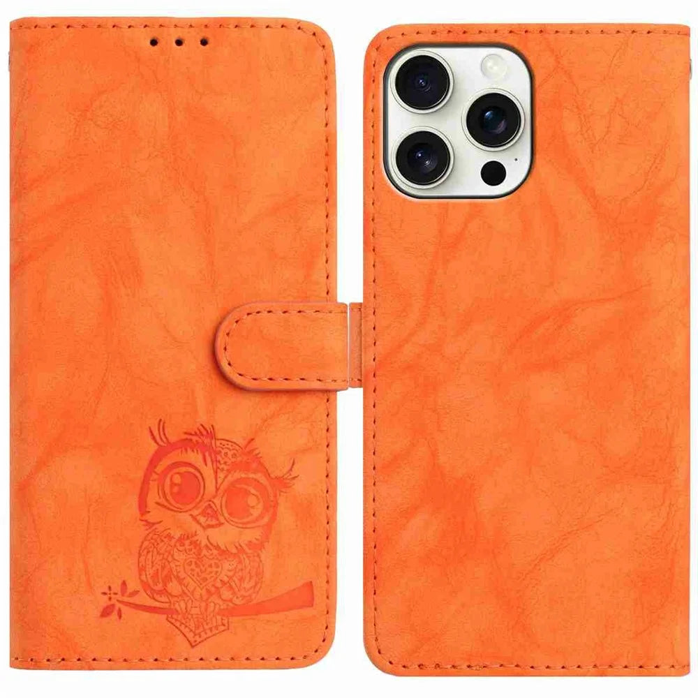 For iPhone 15 Pro Max Case Owl Imprinted PU Leather Wallet Phone Cover with Wrist Strap - Orange - 1