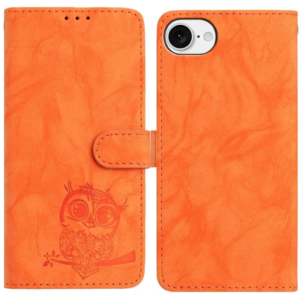 For iPhone 17e / 16e Case Owl Imprinted PU Leather Wallet Phone Cover with Wrist Strap - Orange - 1