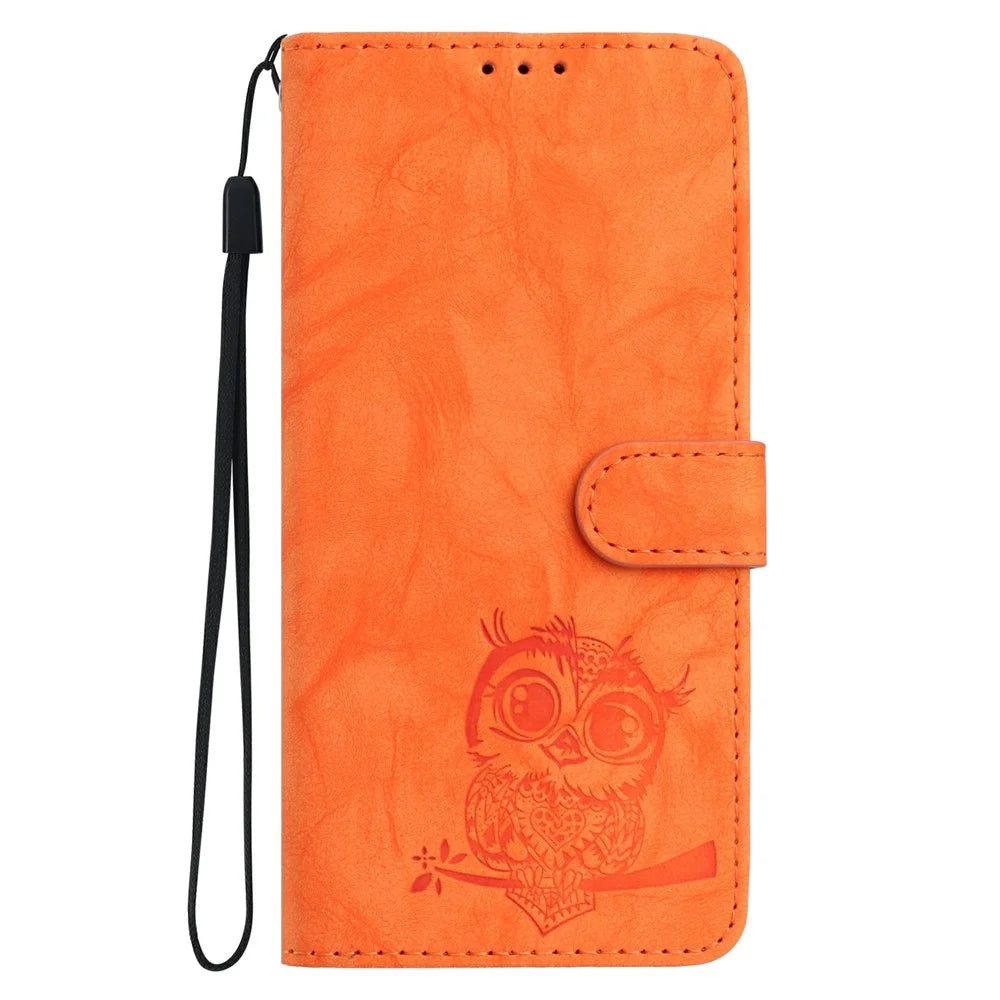 For iPhone 16 Pro Max Case Owl Imprinted PU Leather Wallet Phone Cover with Wrist Strap - Orange - 5