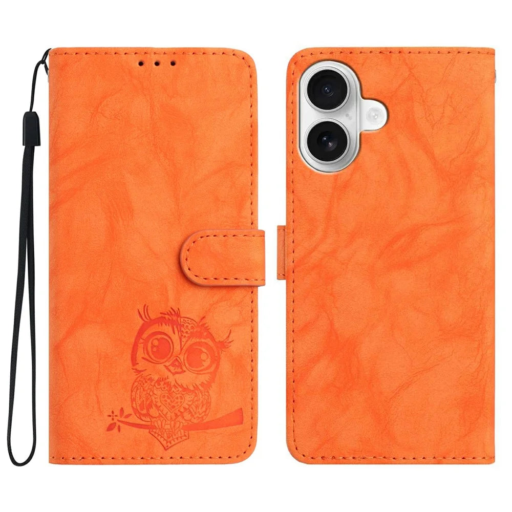For iPhone 16 Plus Case Owl Imprinted PU Leather Wallet Phone Cover with Wrist Strap - Orange - 1