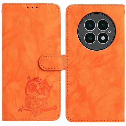 For OnePlus 13 Case Owl Imprinted PU Leather Wallet Phone Cover with Wrist Strap - Orange - 1