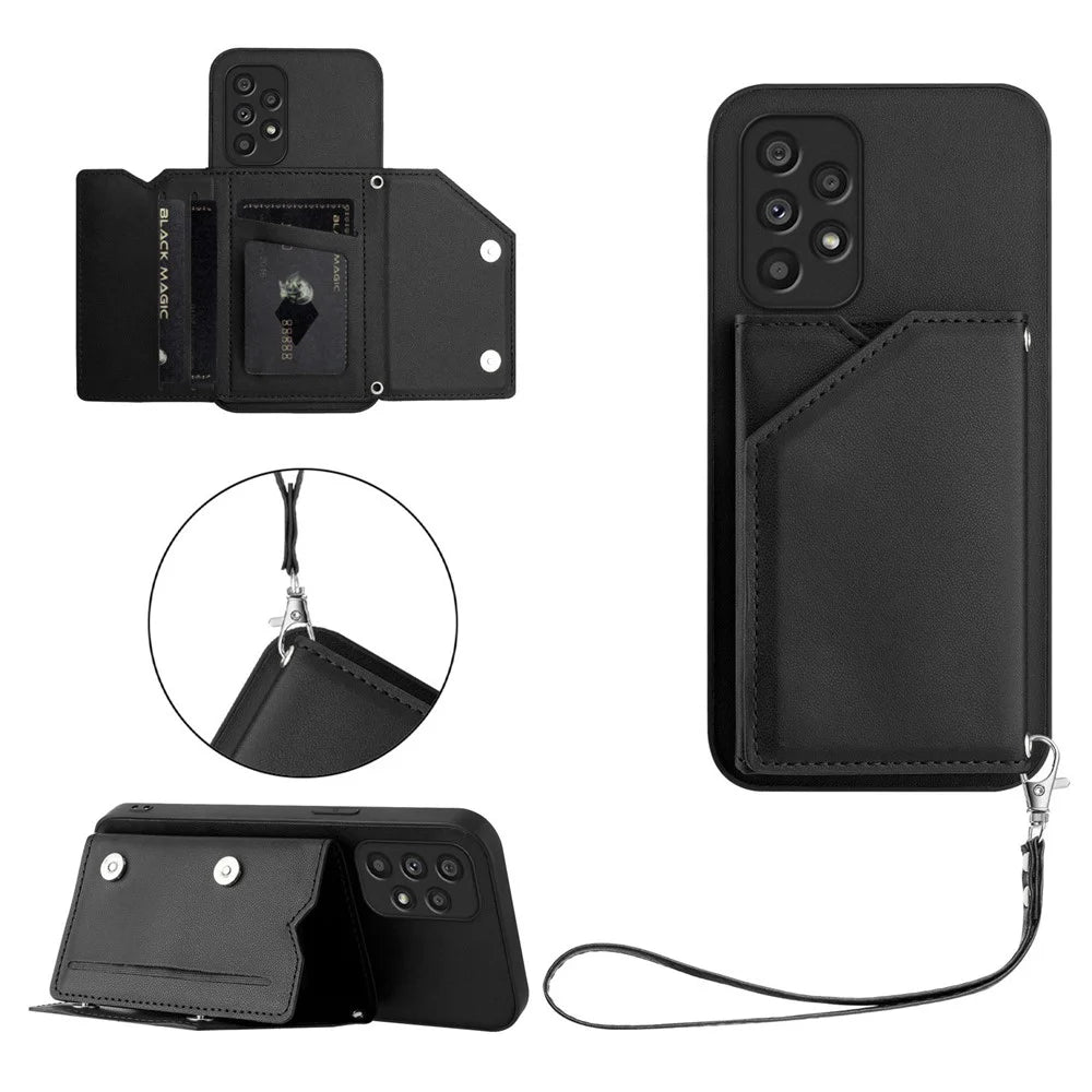 For Samsung Galaxy A53 5G Case Card Holder Kickstand Skin-Touch Phone Cover with Wrist Strap - Black - 1