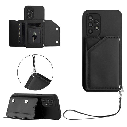 For Samsung Galaxy A53 5G Case Card Holder Kickstand Skin-Touch Phone Cover with Wrist Strap - Black - 1