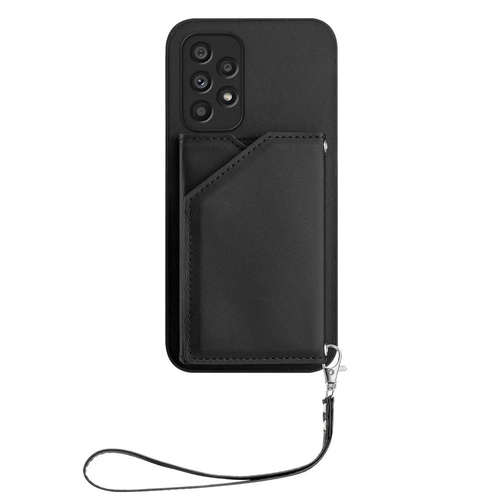 For Samsung Galaxy A53 5G Case Card Holder Kickstand Skin-Touch Phone Cover with Wrist Strap - Black - 2