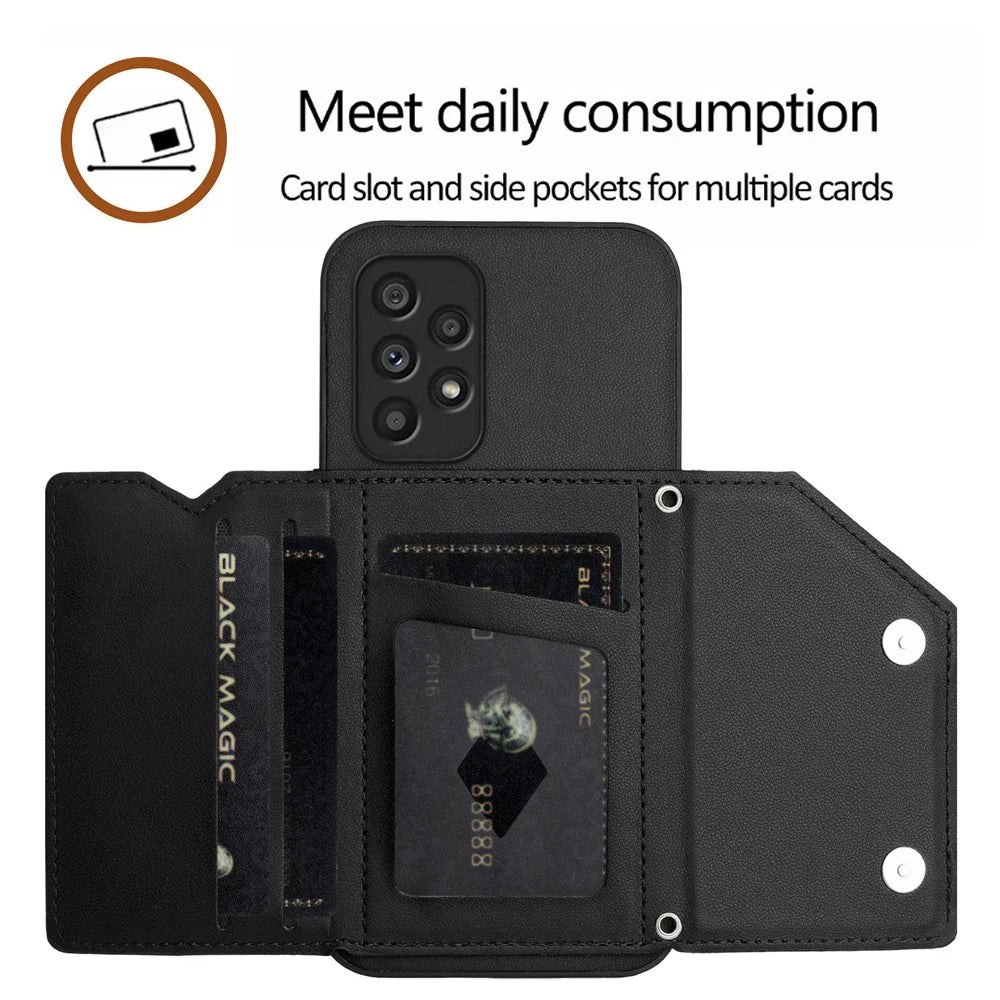 For Samsung Galaxy A53 5G Case Card Holder Kickstand Skin-Touch Phone Cover with Wrist Strap - Black - 4
