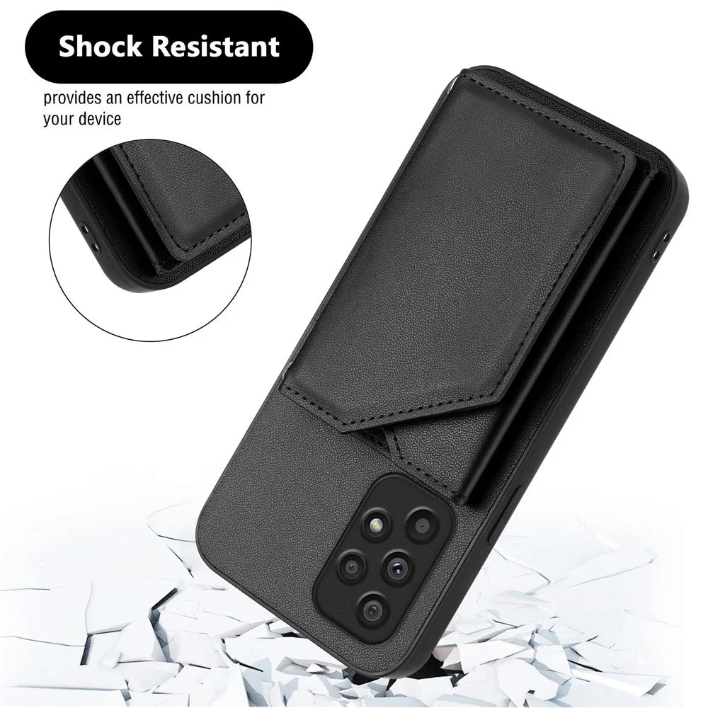 For Samsung Galaxy A53 5G Case Card Holder Kickstand Skin-Touch Phone Cover with Wrist Strap - Black - 5