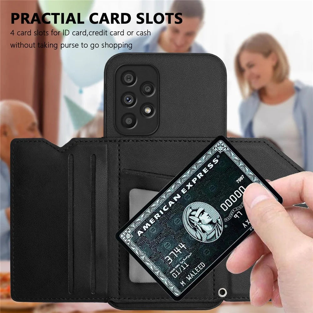For Samsung Galaxy A53 5G Case Card Holder Kickstand Skin-Touch Phone Cover with Wrist Strap - Black - 6