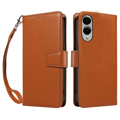 For Samsung Galaxy S25 Edge Case RFID Blocking Leather Wallet Flip Phone Cover with Wrist Strap - Light Brown - 1