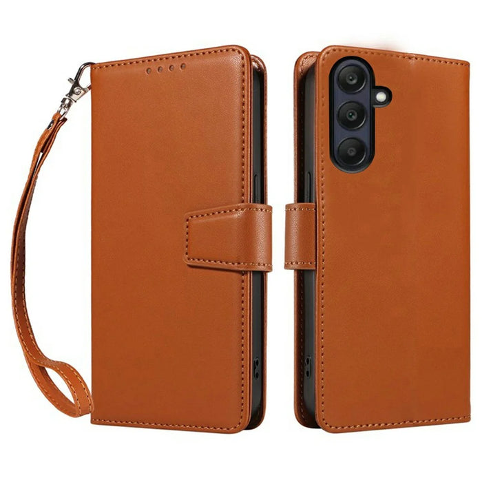 For Samsung Galaxy A26 5G Case RFID Blocking Leather Wallet Flip Phone Cover with Wrist Strap - Light Brown - 1