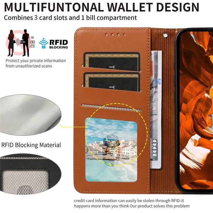 For Samsung Galaxy A26 5G Case RFID Blocking Leather Wallet Flip Phone Cover with Wrist Strap - Light Brown - 4