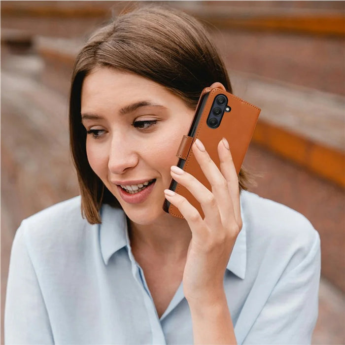 For Samsung Galaxy A26 5G Case RFID Blocking Leather Wallet Flip Phone Cover with Wrist Strap - Light Brown - 5
