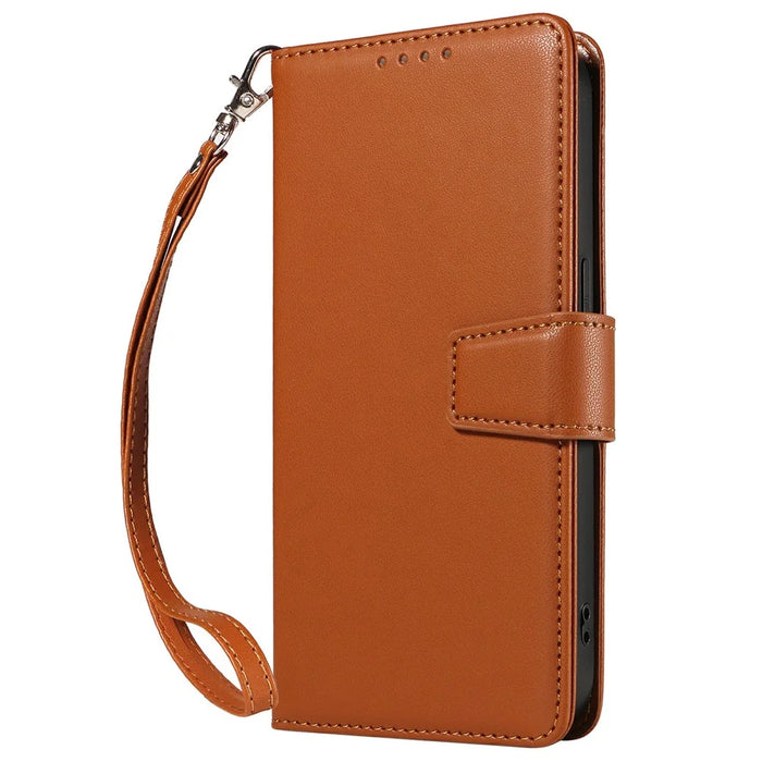 For Samsung Galaxy A26 5G Case RFID Blocking Leather Wallet Flip Phone Cover with Wrist Strap - Light Brown - 6
