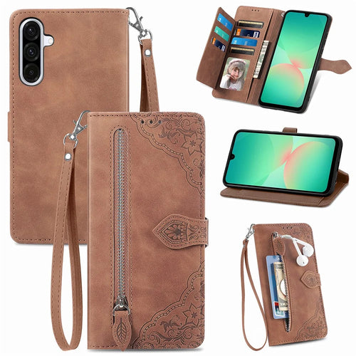 For Samsung Galaxy A26 5G Zipper Wallet Case with Strap Flower Imprint PU Leather Phone Cover - Brown - 1