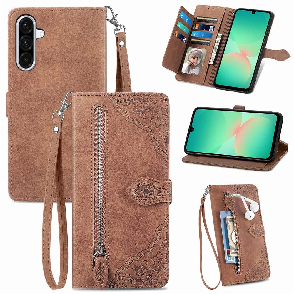 For Samsung Galaxy A26 5G Zipper Wallet Case with Strap Flower Imprint PU Leather Phone Cover - Brown - 1