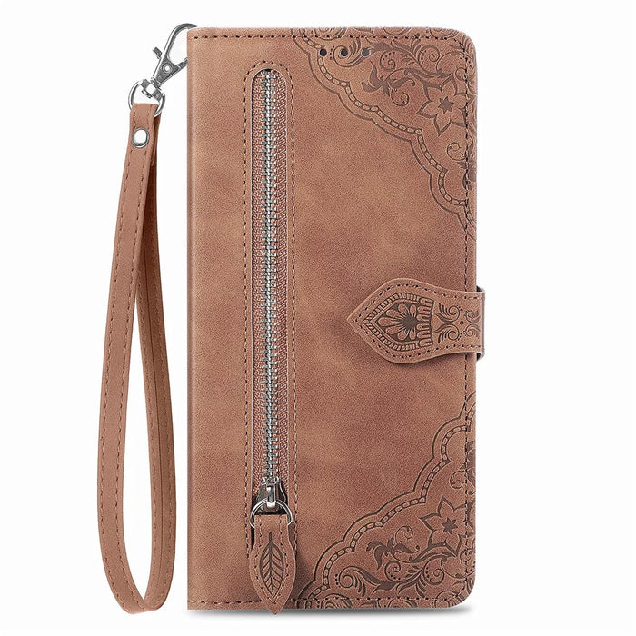 For Samsung Galaxy A26 5G Zipper Wallet Case with Strap Flower Imprint PU Leather Phone Cover - Brown - 2