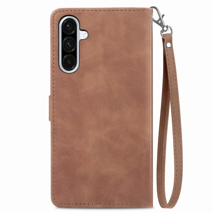 For Samsung Galaxy A26 5G Zipper Wallet Case with Strap Flower Imprint PU Leather Phone Cover - Brown - 3