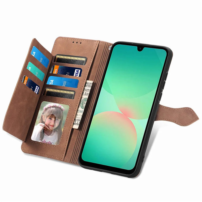 For Samsung Galaxy A26 5G Zipper Wallet Case with Strap Flower Imprint PU Leather Phone Cover - Brown - 4