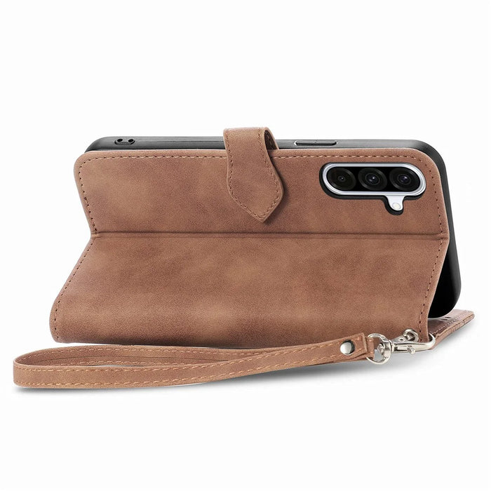 For Samsung Galaxy A26 5G Zipper Wallet Case with Strap Flower Imprint PU Leather Phone Cover - Brown - 5