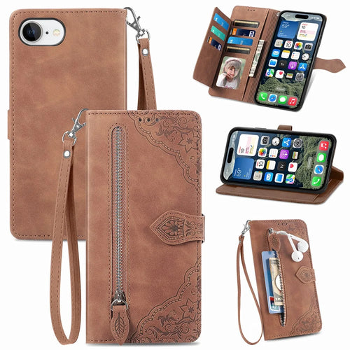 For iPhone 17e / 16e Zipper Wallet Case with Strap Flower Imprint PU Leather Phone Cover - Brown - 1