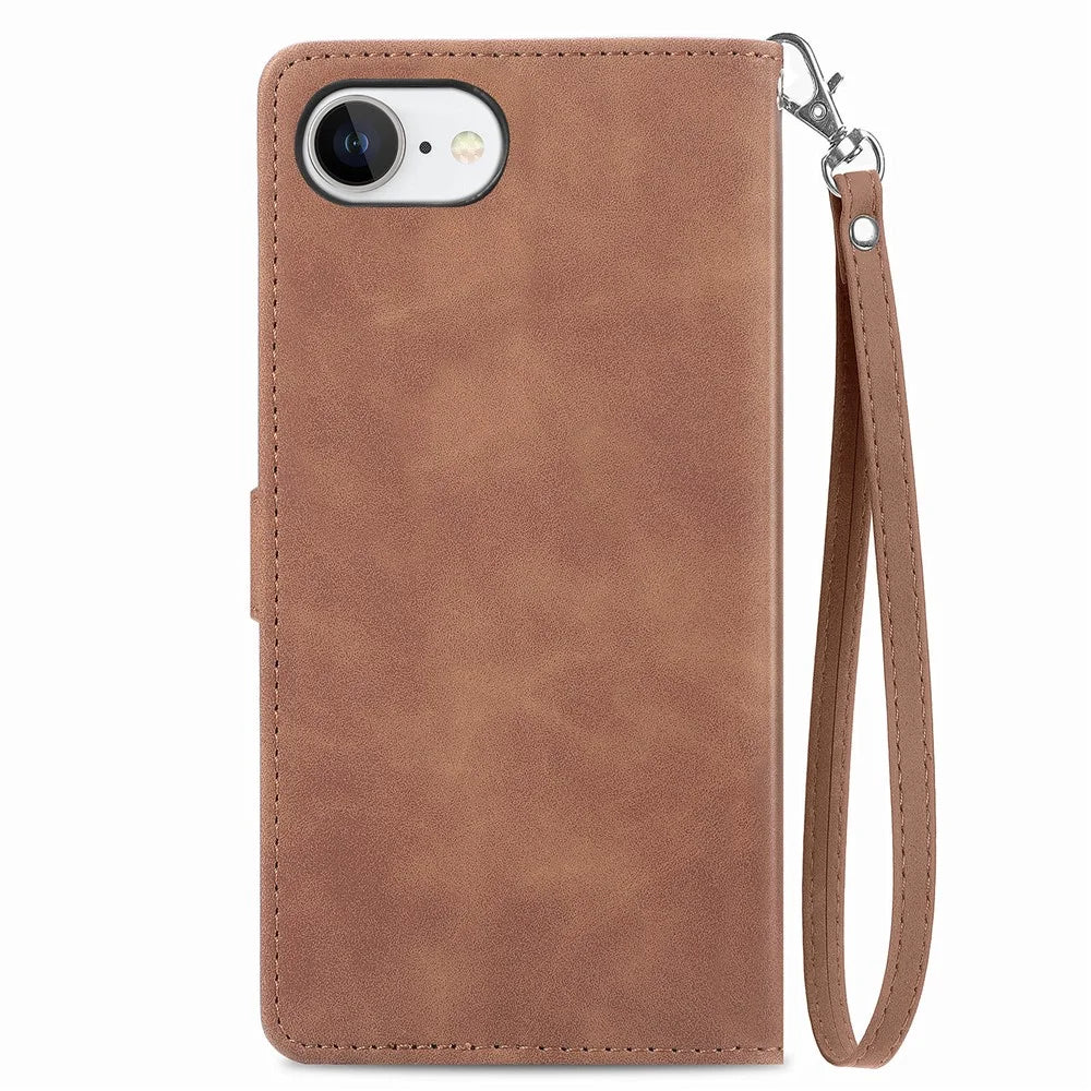 For iPhone 17e / 16e Zipper Wallet Case with Strap Flower Imprint PU Leather Phone Cover - Brown - 3