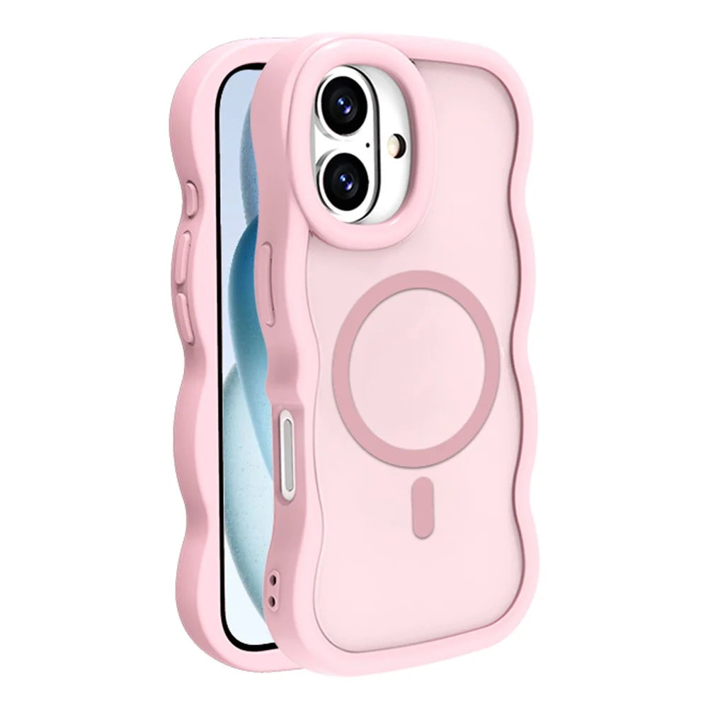For iPhone 16 Case Compatible with MagSafe TPU + PC Phone Back Cover Skin Touch Wave Shape - Pink - 1