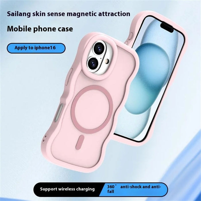 For iPhone 16 Case Compatible with MagSafe TPU + PC Phone Back Cover Skin Touch Wave Shape - Pink - 2