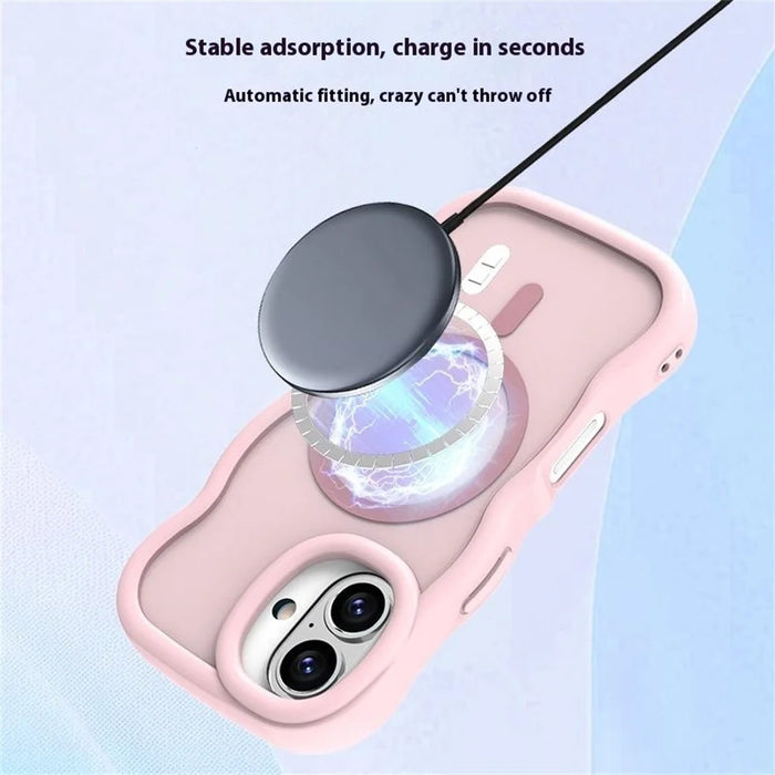 For iPhone 16 Case Compatible with MagSafe TPU + PC Phone Back Cover Skin Touch Wave Shape - Pink - 5