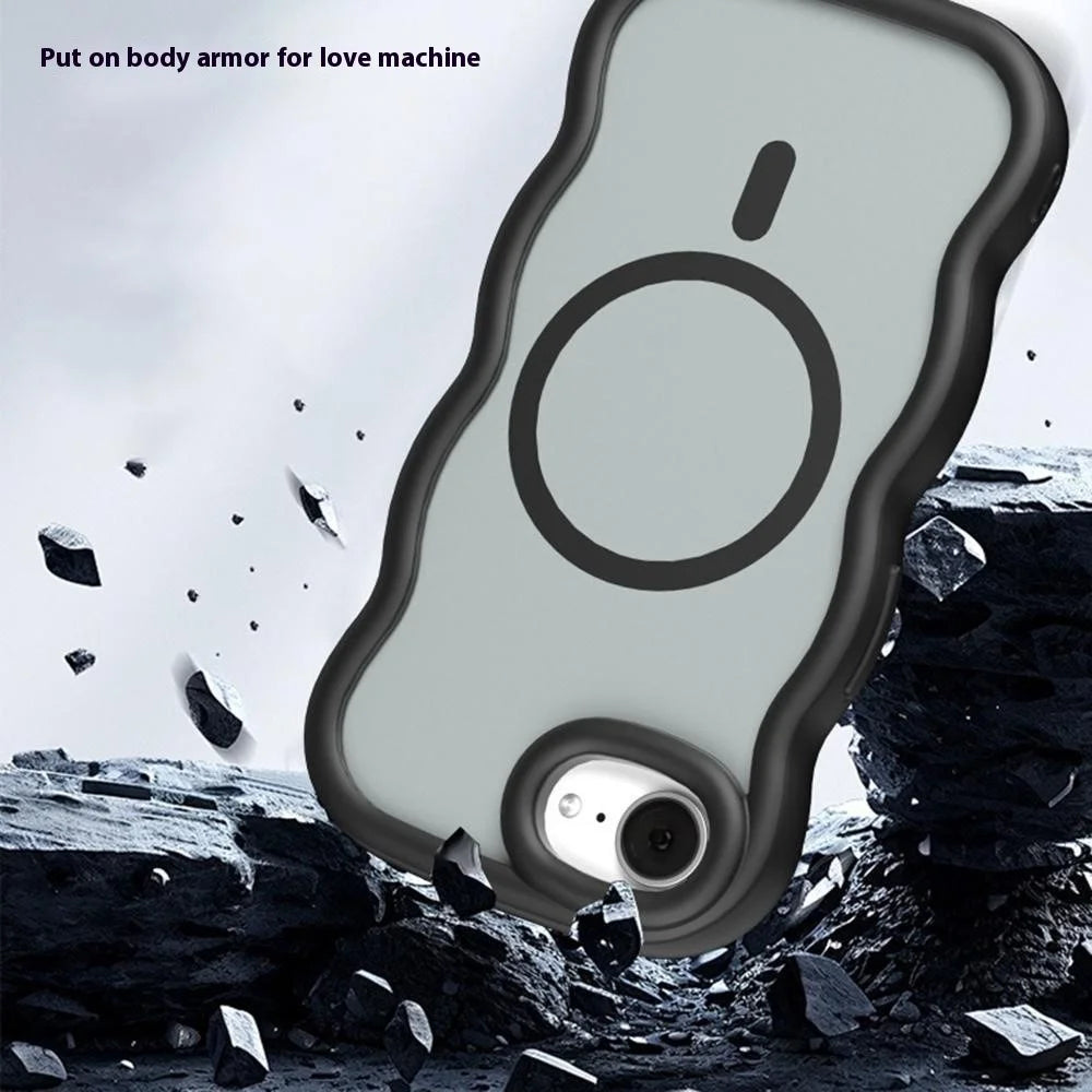 For iPhone 17e / 16e Case Compatible with MagSafe TPU + PC Phone Back Cover Skin Touch Wave Shape - Black - 2