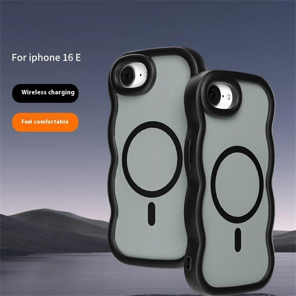 For iPhone 17e / 16e Case Compatible with MagSafe TPU + PC Phone Back Cover Skin Touch Wave Shape - Black - 5