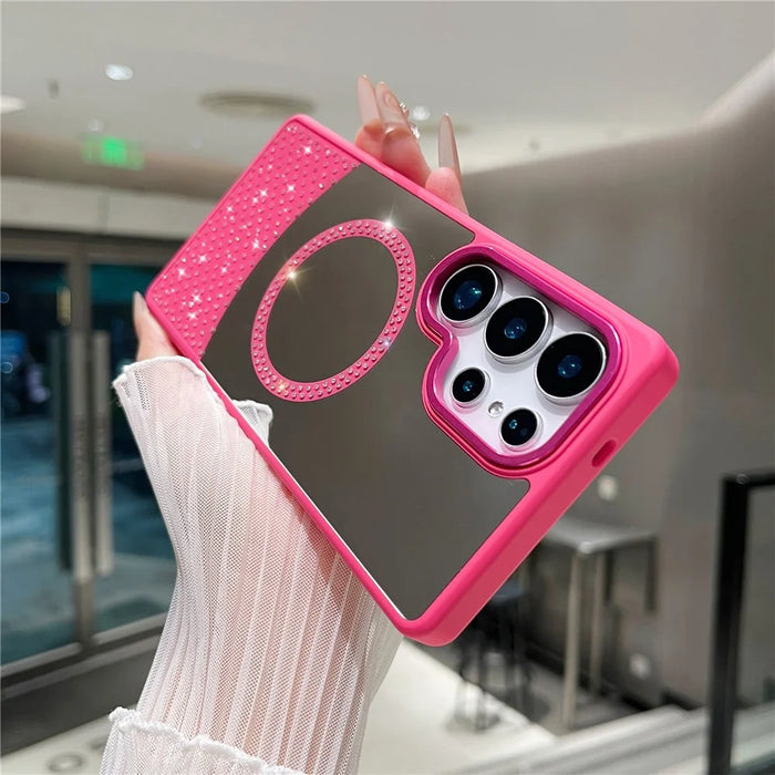 For Samsung Galaxy S24 Ultra Magnetic Case Mirror Surface TPU + PC Shockproof Phone Cover - Rose - 2