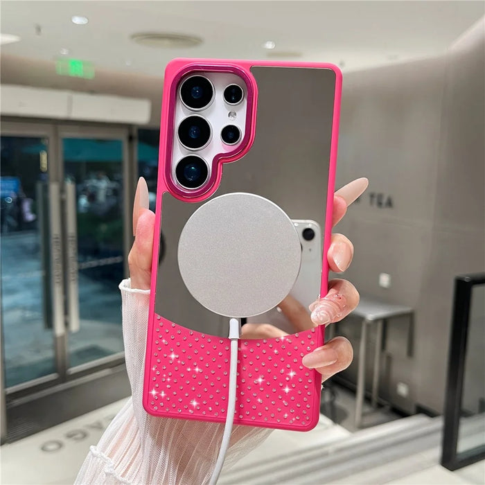 For Samsung Galaxy S24 Ultra Magnetic Case Mirror Surface TPU + PC Shockproof Phone Cover - Rose - 3