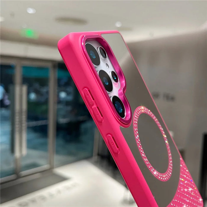 For Samsung Galaxy S24 Ultra Magnetic Case Mirror Surface TPU + PC Shockproof Phone Cover - Rose - 5