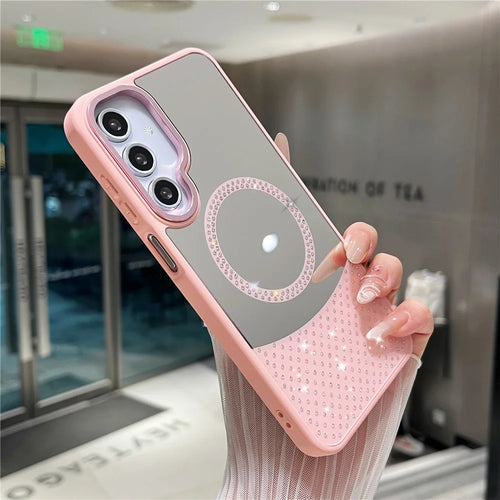 For Samsung Galaxy A16 5G / 4G Magnetic Case Mirror Surface TPU + PC Shockproof Phone Cover - Pink - 1
