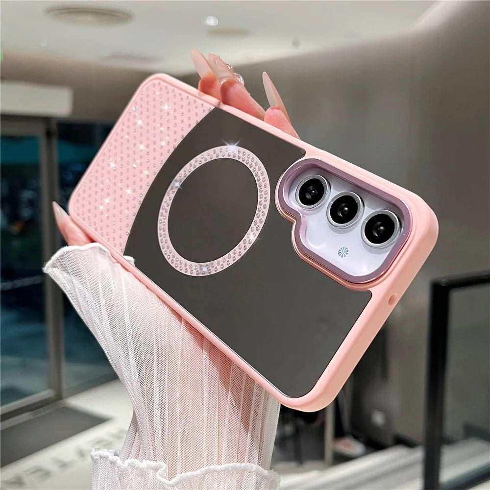 For Samsung Galaxy A16 5G / 4G Magnetic Case Mirror Surface TPU + PC Shockproof Phone Cover - Pink - 2