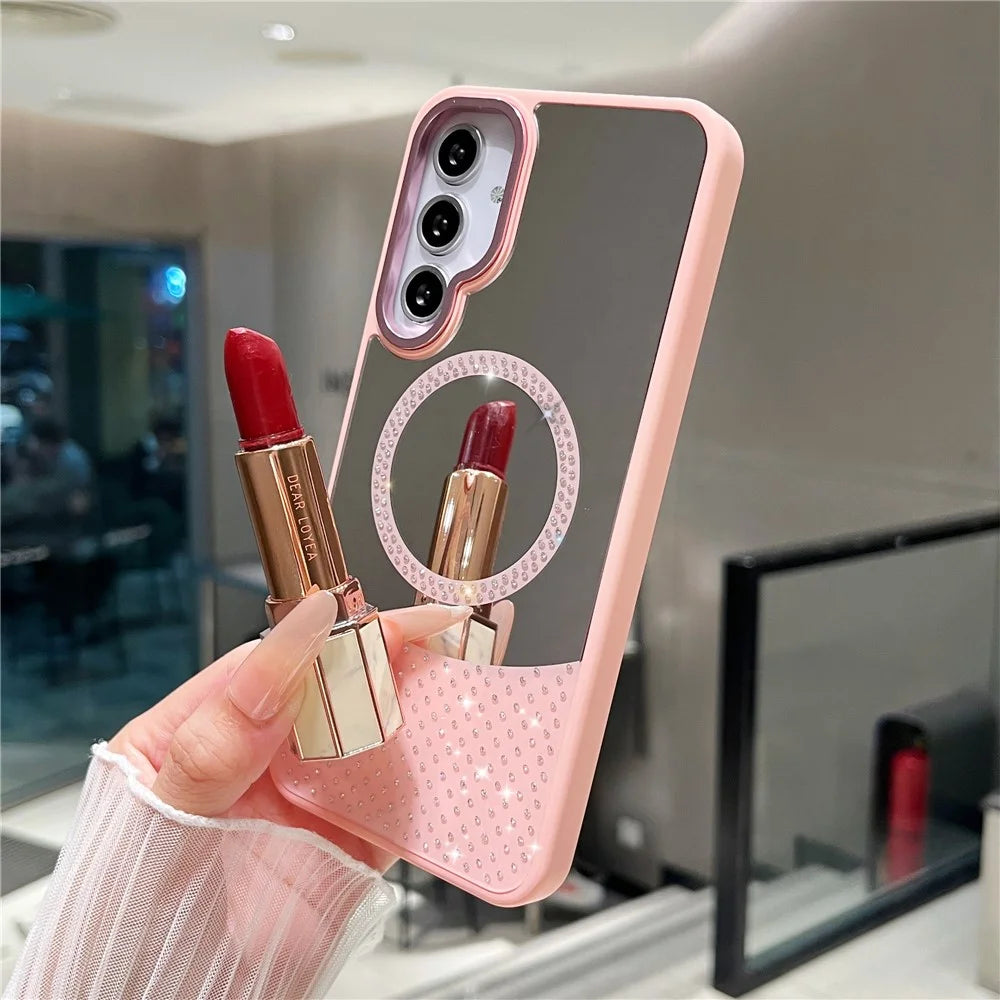 For Samsung Galaxy A16 5G / 4G Magnetic Case Mirror Surface TPU + PC Shockproof Phone Cover - Pink - 3