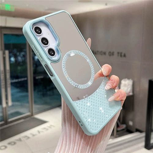 For Samsung Galaxy S24 FE Magnetic Case Mirror Surface TPU + PC Shockproof Phone Cover - Baby Blue - 1