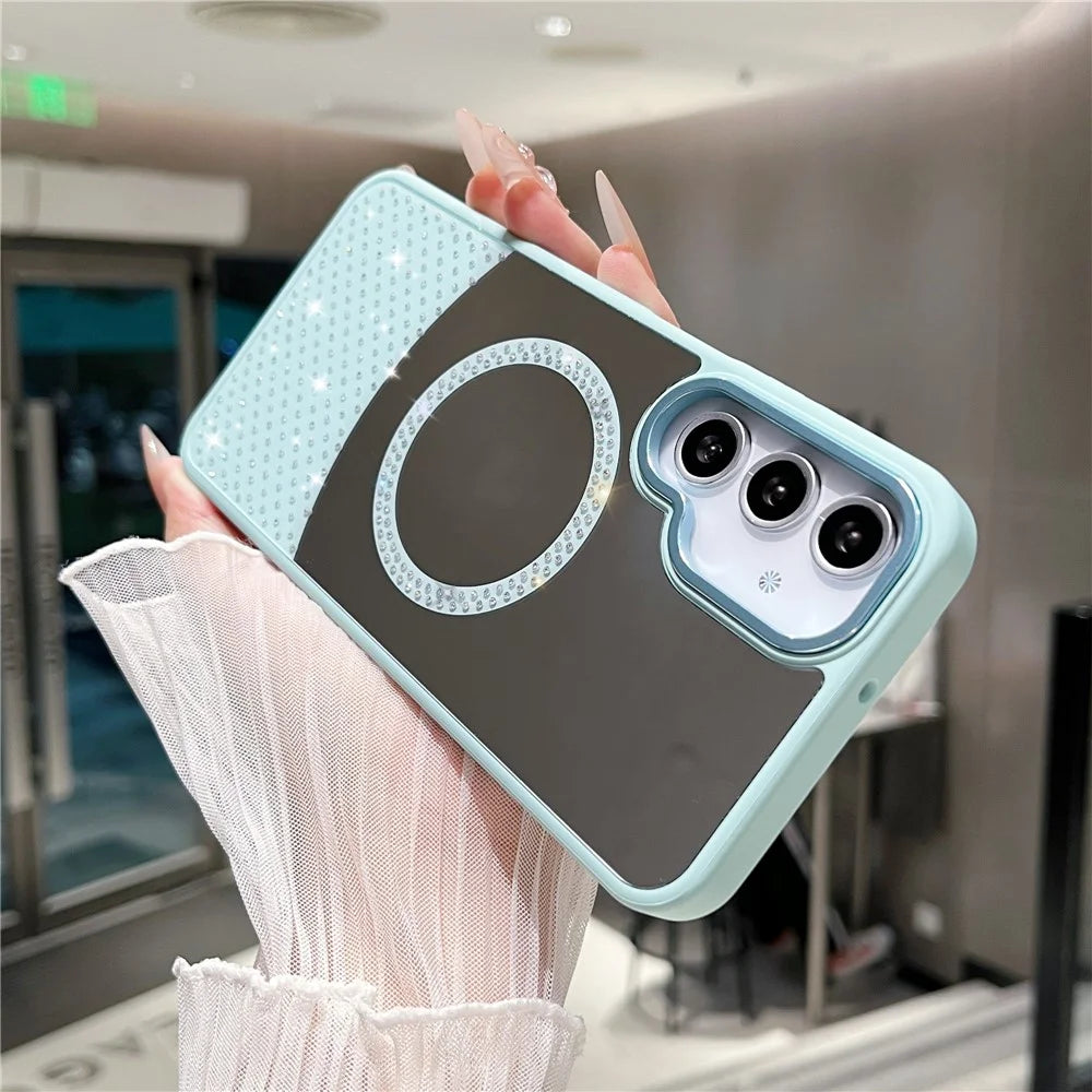 For Samsung Galaxy S24 FE Magnetic Case Mirror Surface TPU + PC Shockproof Phone Cover - Baby Blue - 3