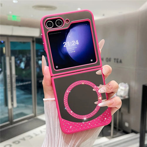 For Samsung Galaxy Z Flip7 FE 5G / Z Flip6 5G Magnetic Case Mirror Surface TPU + PC Shockproof Phone Cover - Rose - 1
