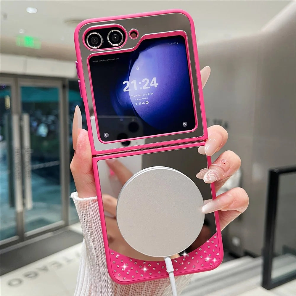 For Samsung Galaxy Z Flip7 FE 5G / Z Flip6 5G Magnetic Case Mirror Surface TPU + PC Shockproof Phone Cover - Rose - 3