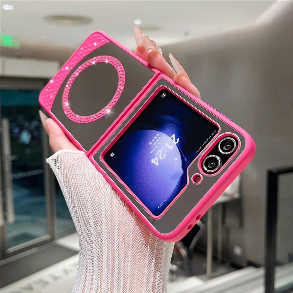 For Samsung Galaxy Z Flip7 FE 5G / Z Flip6 5G Magnetic Case Mirror Surface TPU + PC Shockproof Phone Cover - Rose - 6