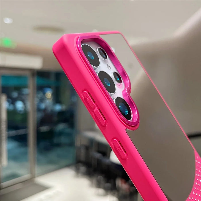 For Samsung Galaxy S24 Ultra Case Mirror Surface TPU + PC Shockproof Phone with Metal Lens Frame - Rose - 3