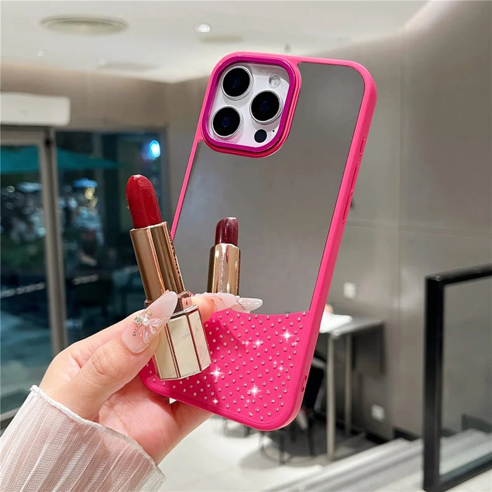For iPhone 16 Pro Max Case Mirror Surface TPU + PC Shockproof Phone with Metal Lens Frame - Rose - 6