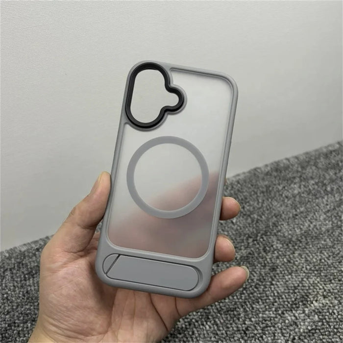 For iPhone 16 Magnetic Case with Kickstand Drop Proof PC + TPU Phone Back Cover - Grey - 2