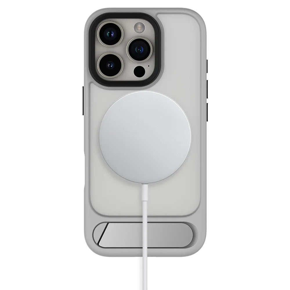 For iPhone 16 Pro Magnetic Case with Kickstand Drop Proof PC + TPU Phone Back Cover - Grey - 3